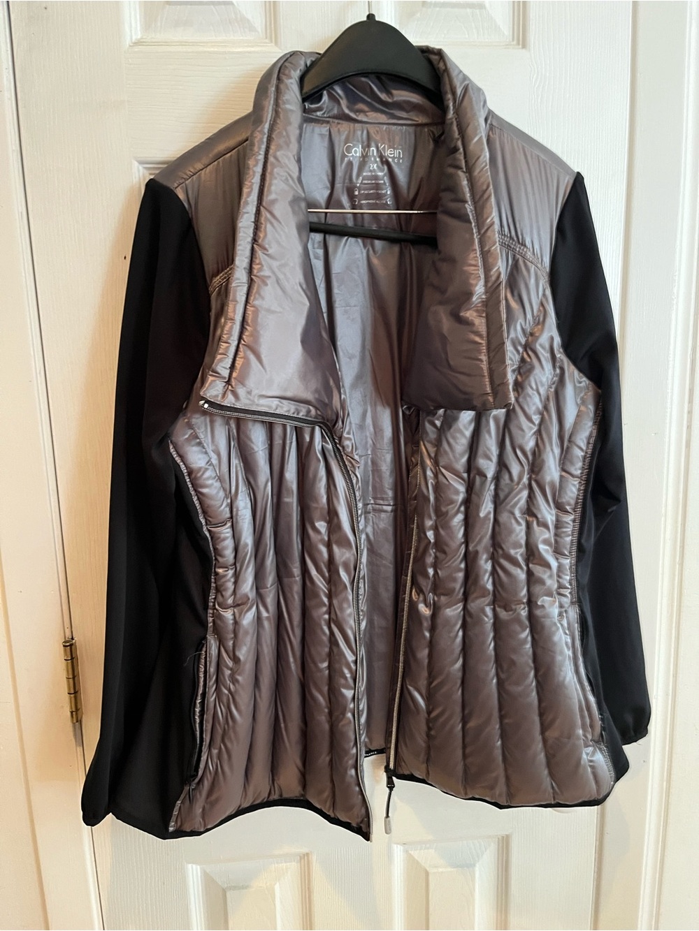 Calvin Klein Metallic Silver Quilted Front Jacket with Black Sleeves